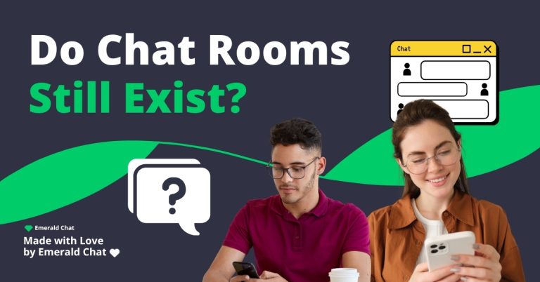 Two people using their phones with chat icons and the text ‘Do Chat Rooms Still Exist?’